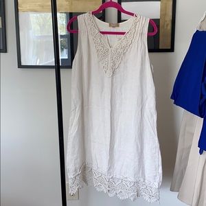 Italy 100% Linen Embroidered Trim Dress In Ivory